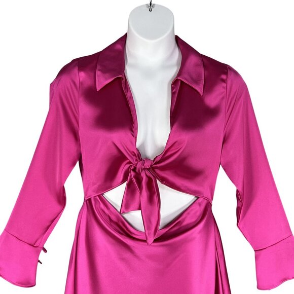 Zara XL NWT Blogger Favorite Pink Satin Cut Out Mini Dress Bell Sleeves Coquette - Picture 6 of 16